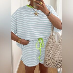 Striped Blue and White Lounge Set with Neon Green Accents ✨